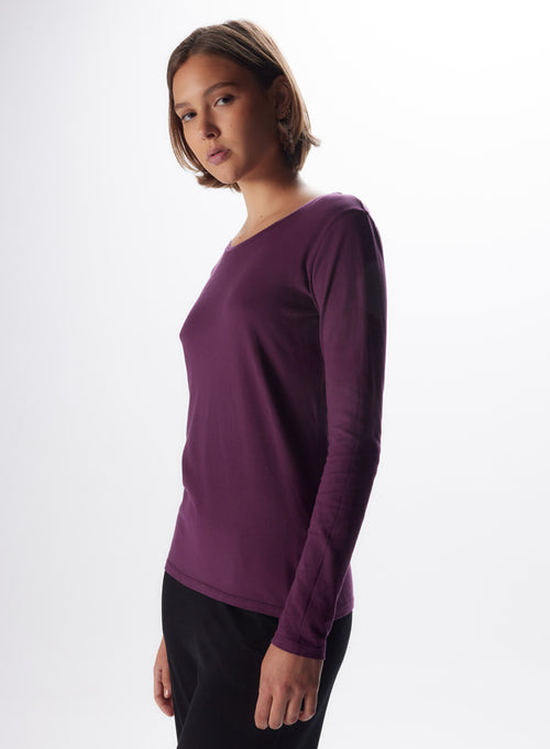 T-shirt Aubergine Col Rond Manches Courtes en Coton - MAJESTIC FILATURES