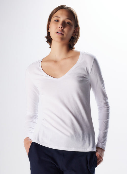 T-shirt Blanc Col V Manches Longues en Coton - MAJESTIC FILATURES