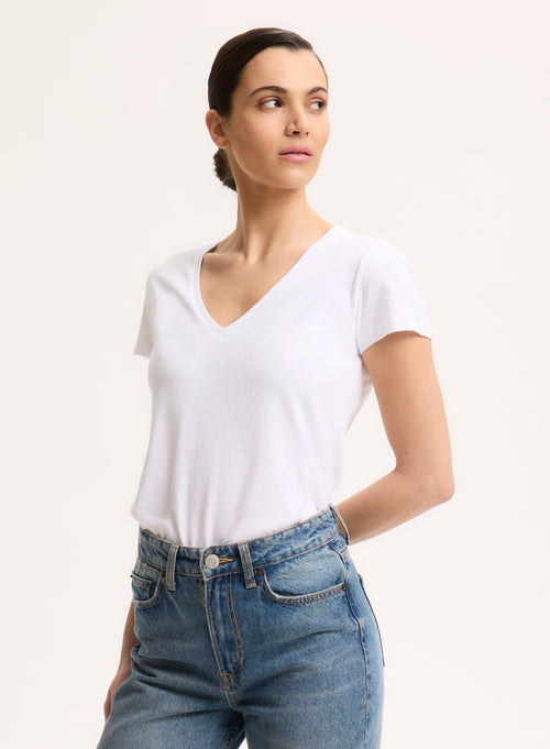 T-shirt Blanc Julia col V Manches Courtes en Deluxe Coton - MAJESTIC FILATURES