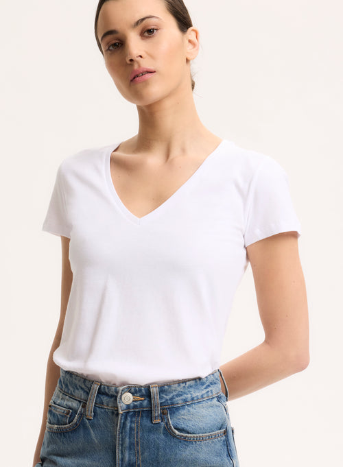 T-shirt Blanc Julia col V Manches Courtes en Deluxe Coton - MAJESTIC FILATURES