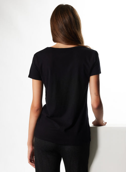 T-shirt Noir Julia Col V Manches Courtes en Deluxe Coton - MAJESTIC FILATURES