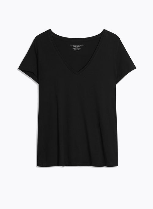 T-shirt Noir Julia Col V Manches Courtes en Deluxe Coton - MAJESTIC FILATURES