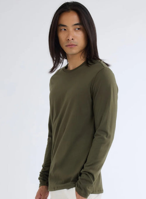 Kaki Long Sleeve Crew Neck T-Shirt in Deluxe Cotton - MAJESTIC FILATURES