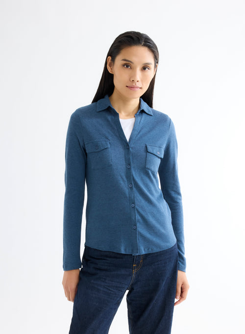 Chemise Bleu Chiné avec Poches Manches Longues en Coton et Cachemire - MAJESTIC FILATURES