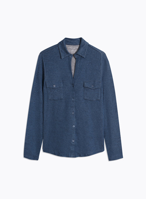 Chemise Bleu Chiné avec Poches Manches Longues en Coton et Cachemire - MAJESTIC FILATURES