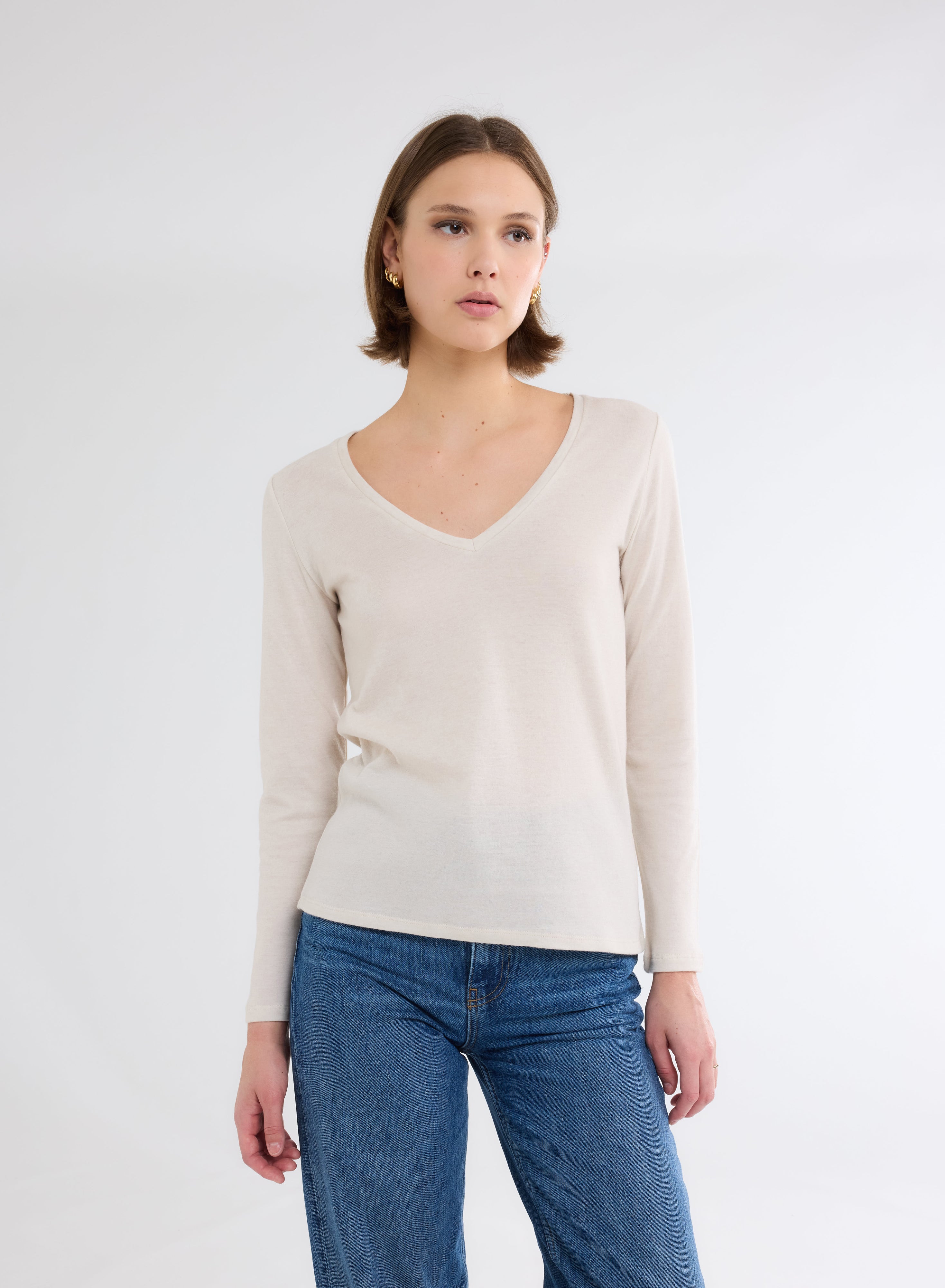 Tee shirt Gris Col V Manches Longues FEMME Majestic Filatures MAJESTIC FILATURES