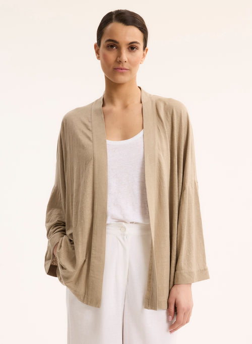 Gilet Beige Col Profond Manches Longues - MAJESTIC FILATURES