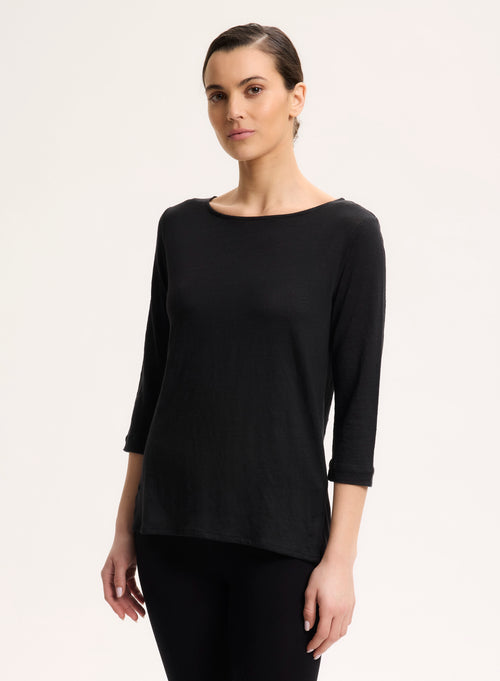 Tee shirt Noir Manches 3/4 Col Bateau en Lin - MAJESTIC FILATURES