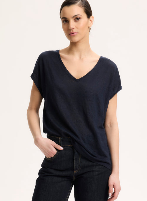 Tee shirt Navy V-neck Short Sleeve - MAJESTIC FILATURES