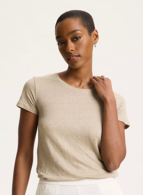 Tee shirt Beige Col Rond Manches Courtes - MAJESTIC FILATURES