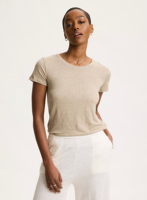 Tee shirt Beige Col Rond Manches Courtes - MAJESTIC FILATURES