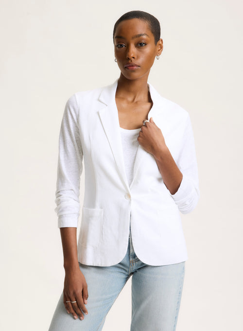 White Long Sleeve Linen and Elastane Jacket - MAJESTIC FILATURES