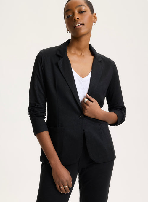 Black Long Sleeve Linen and Elastane Jacket - MAJESTIC FILATURES