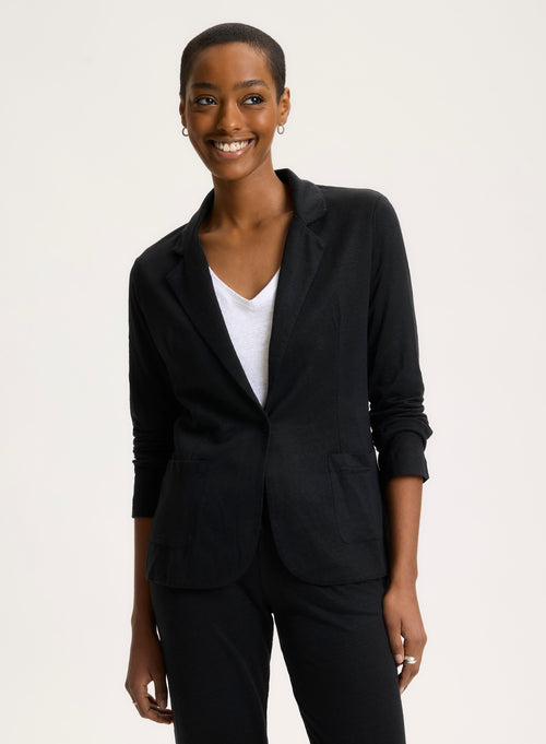 Black Long Sleeve Linen and Elastane Jacket - MAJESTIC FILATURES