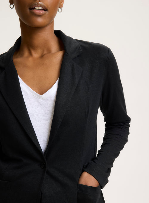 Black Long Sleeve Linen and Elastane Jacket - MAJESTIC FILATURES