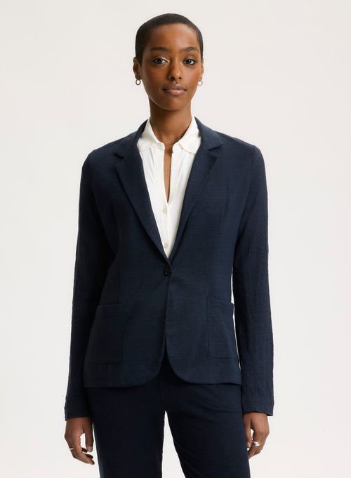 Long-sleeved Navy Jacket in Linen - MAJESTIC FILATURES