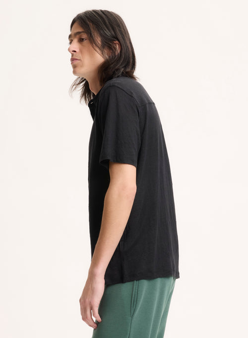 Black Short Sleeve Polo Shirt in Linen, Elastane - MAJESTIC FILATURES