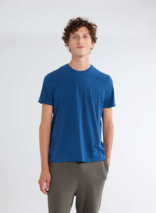 T-shirt Bleu Harold col rond manches courtes en Coton organique et Elasthanne - MAJESTIC FILATURES