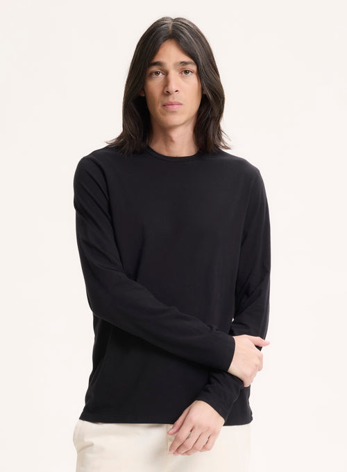 Black Henry Round Neck Long Sleeve T-shirt in Organic Cotton and Elastane - MAJESTIC FILATURES