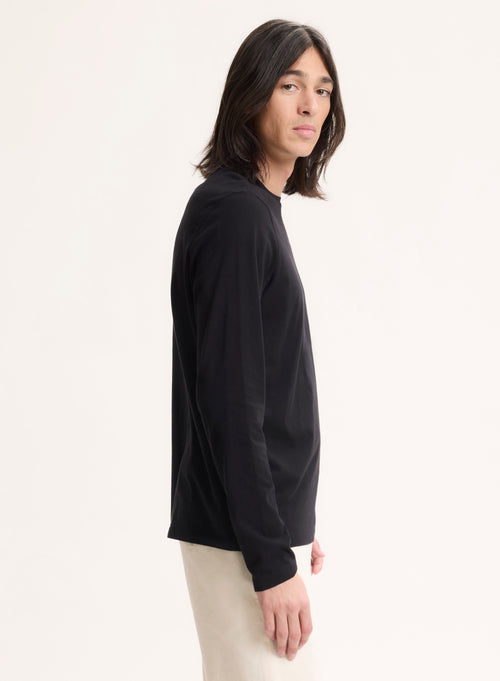 Black Henry Round Neck Long Sleeve T-shirt in Organic Cotton and Elastane - MAJESTIC FILATURES