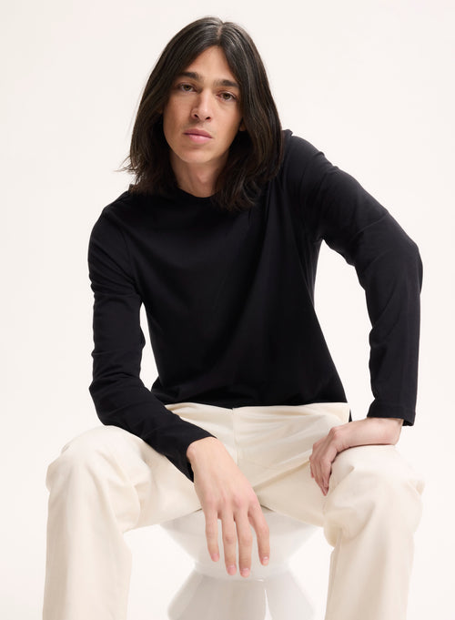 Black Henry Round Neck Long Sleeve T-shirt in Organic Cotton and Elastane - MAJESTIC FILATURES