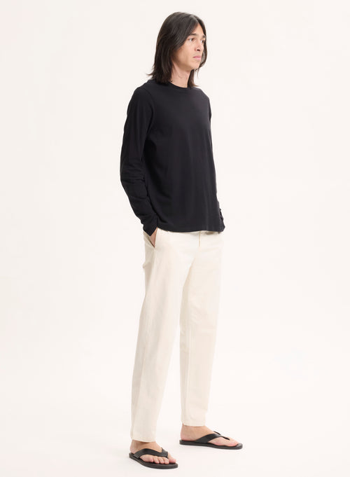 Black Henry Round Neck Long Sleeve T-shirt in Organic Cotton and Elastane - MAJESTIC FILATURES