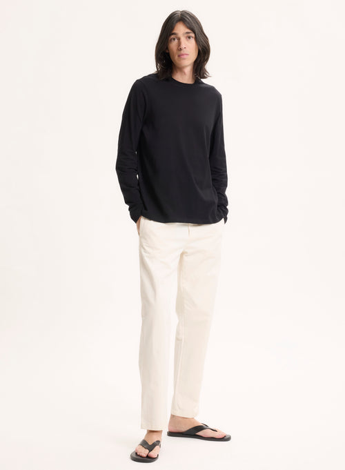 Black Henry Round Neck Long Sleeve T-shirt in Organic Cotton and Elastane - MAJESTIC FILATURES