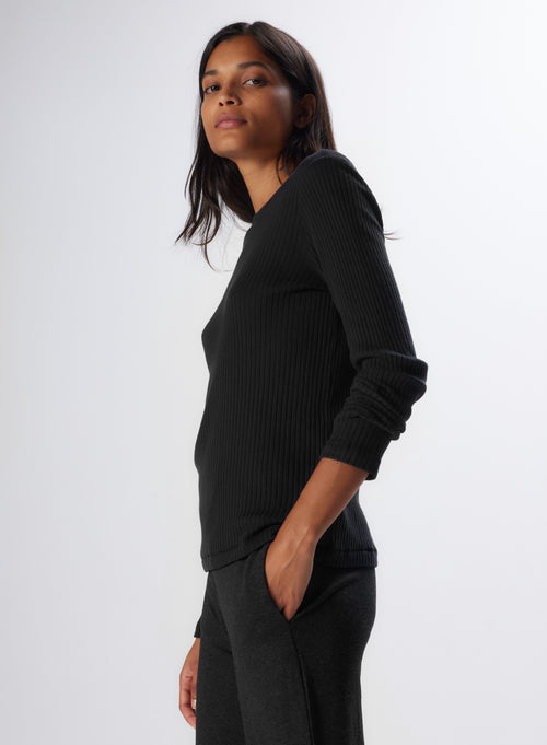 "Cotton / Modal / Cashmere Long Sleeve Round Neck T-Shirt" - MAJESTIC FILATURES