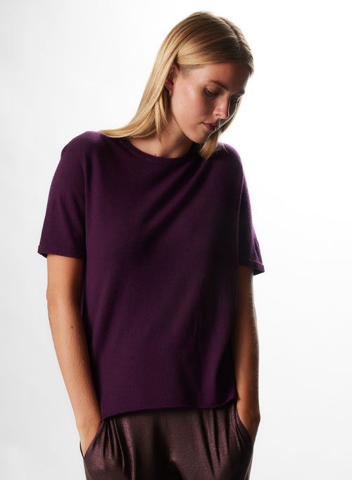 T-shirt Aubergine Col Rond Manches Courtes en Cachemire - MAJESTIC FILATURES