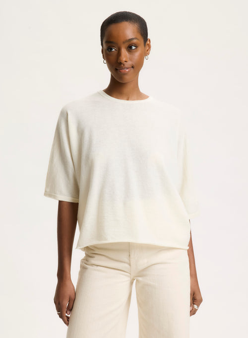 White round-neck tee shirt with elbow sleeves - MAJESTIC FILATURES