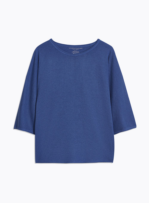 Tee shirt Bleu Col Rond Manches Coudes - MAJESTIC FILATURES