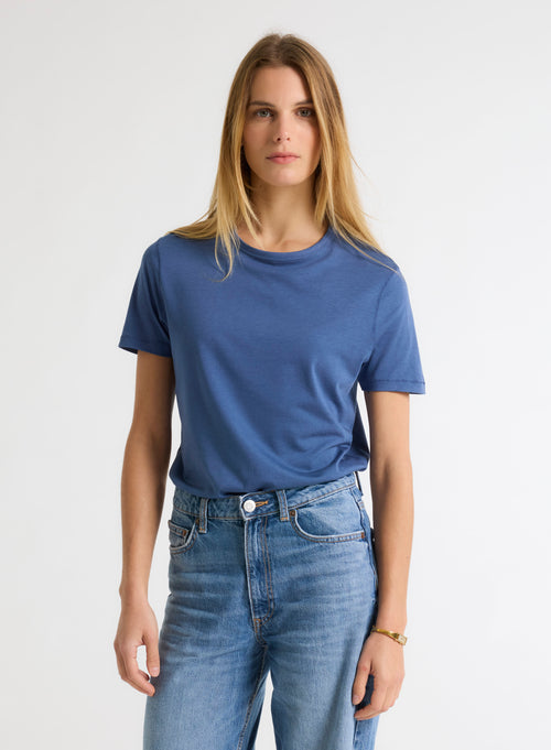 Tee shirt Bleu Col Rond Manches Courtes - MAJESTIC FILATURES