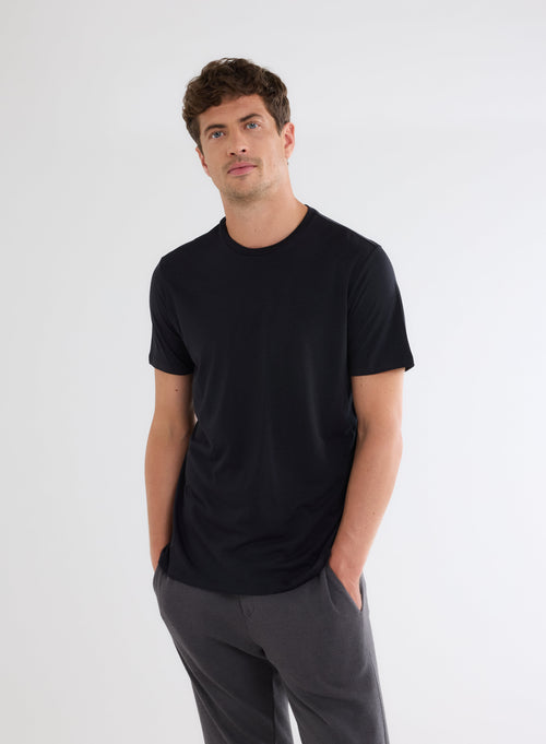 T-shirt Noir Manches Courtes Col Rond en Lyocell, Tencel et Coton - MAJESTIC FILATURES