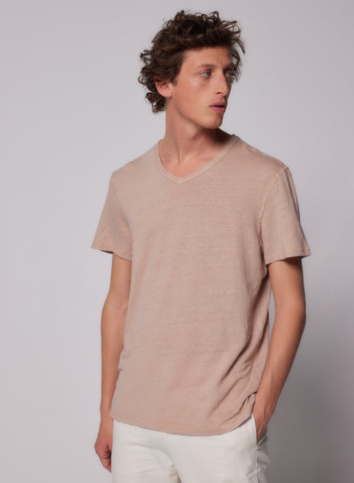 "Short-sleeved V-neck T-shirt in Linen / Elastane" - MAJESTIC FILATURES