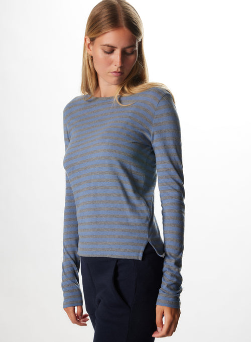 "Cotton / Cashmere Striped Long Sleeve Round Neck T-Shirt" - MAJESTIC FILATURES