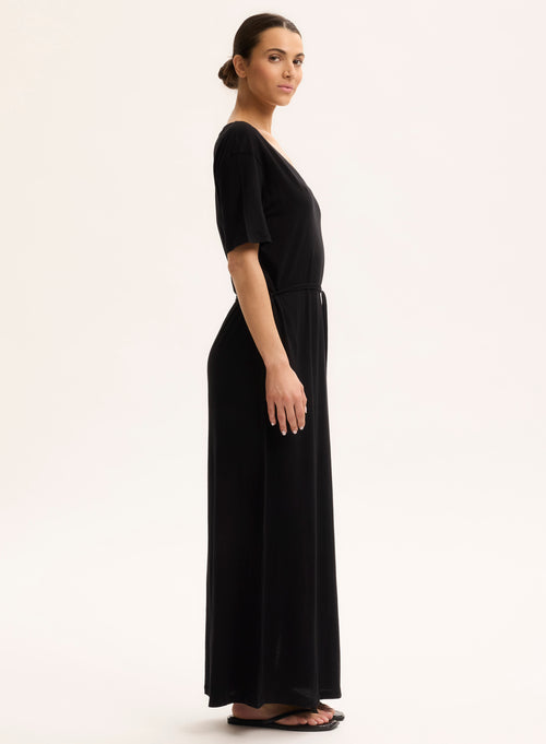 Robe Noir Col V Manches Courtes - MAJESTIC FILATURES