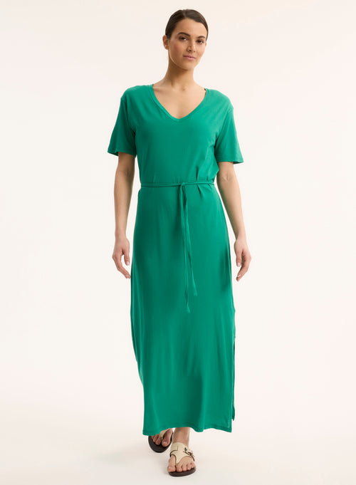 Robe Vert Col V Manches Courtes - MAJESTIC FILATURES