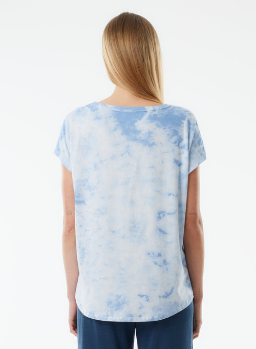 Tee shirt Bleu Manches Courtes Col V en Coton organique / Elasthanne - MAJESTIC FILATURES