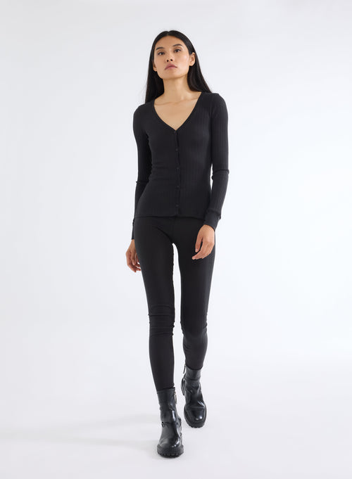 Gilet Noir Col V Manches Longues en Coton organique et Modal - MAJESTIC FILATURES