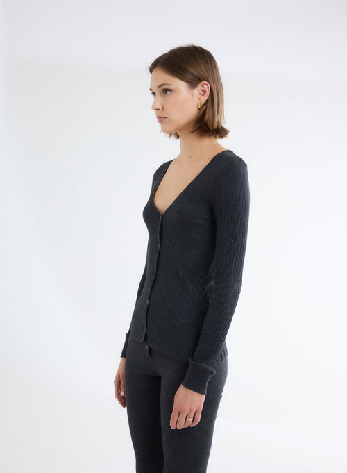 Gilet Gris Col V Manches Longues en Coton organique et Modal - MAJESTIC FILATURES