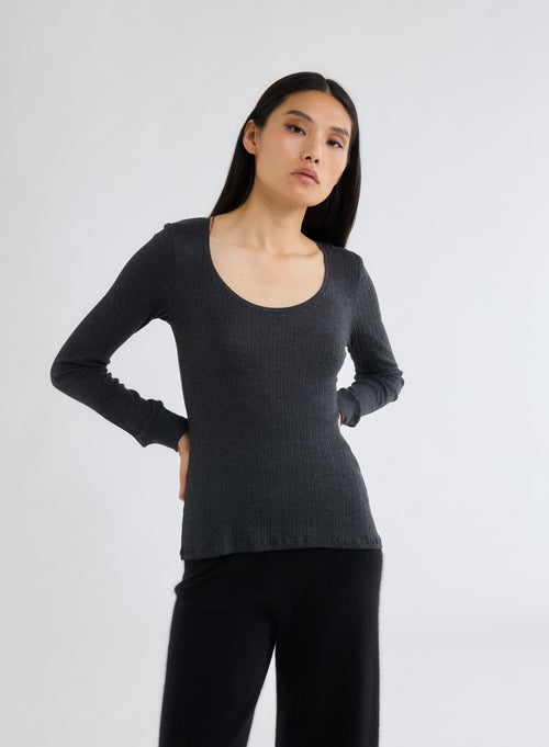 T-shirt Gris Col U Manches Longues en Coton organique / Modal - MAJESTIC FILATURES