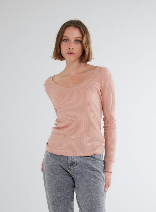 T-shirt Rose Col U Manches Longues en Coton organique / Modal - MAJESTIC FILATURES