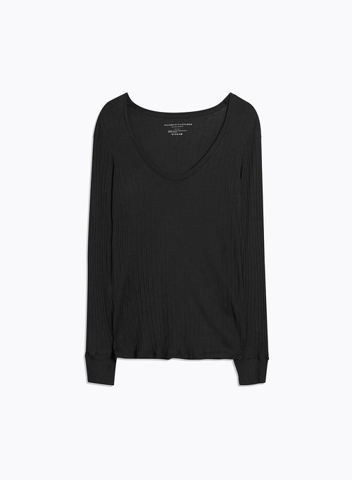 T-shirt Noir Col U Manches Longues en Coton organique / Modal - MAJESTIC FILATURES