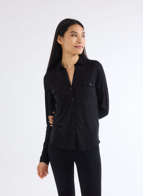 Chemise Noir Manches Longues en Lyocel et Laine - MAJESTIC FILATURES