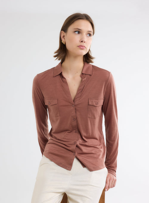 Chemise Marron Manches Longues en Lyocell et Laine - MAJESTIC FILATURES