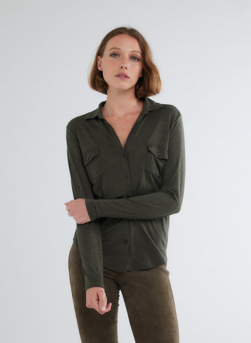 Chemise Verte Manches Longues en Lyocel et Laine - MAJESTIC FILATURES