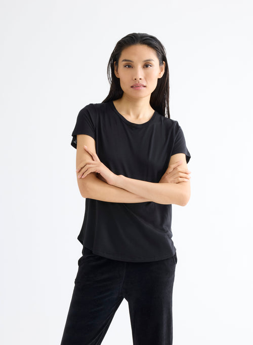 T-shirt Noir Col Rond Manches Courtes en Lyocell et Laine - MAJESTIC FILATURES