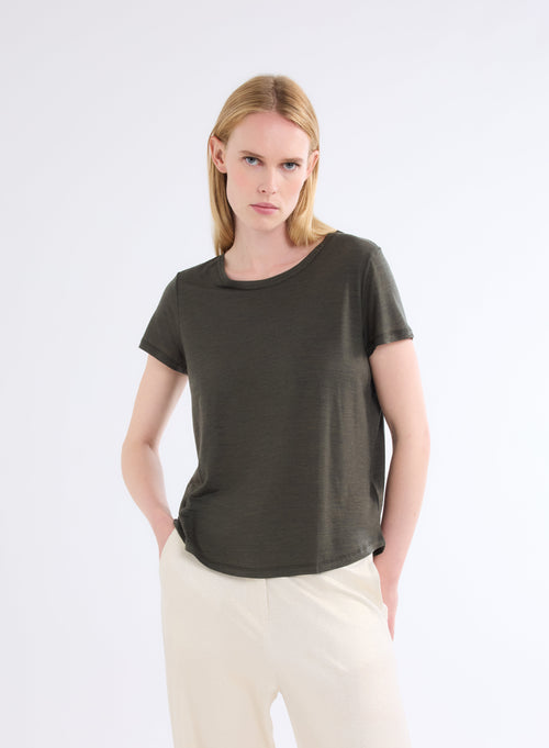 Kaki Wool and Lyocell Short Sleeve Crew Neck T-Shirt - MAJESTIC FILATURES