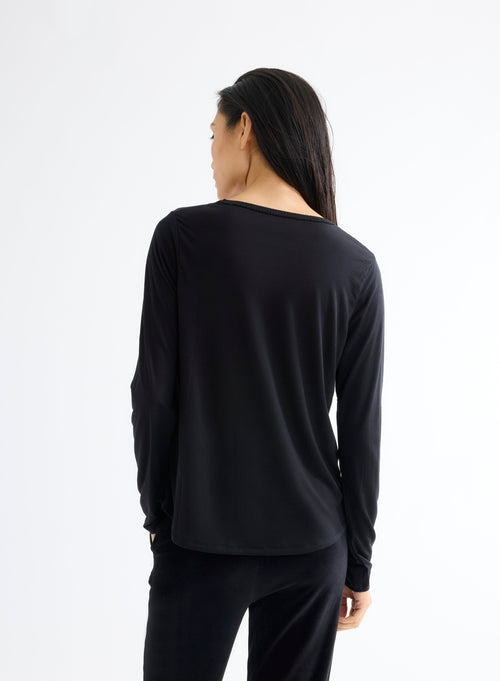 T-shirt Noir Col V Manches Longues en Lyocell et Laine - MAJESTIC FILATURES