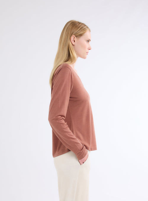 T-shirt Marron Col V Manches Longues en Lyocell et Laine - MAJESTIC FILATURES